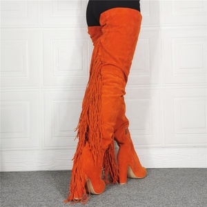 Botas Largas Únicas con Borlas para Mujer, Color Naranja Brillante, Tacones Gruesos, Botas por Encima de la Rodilla para Pies Grandes, Personalizadas - Product Image 3