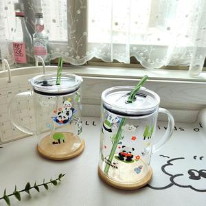 1000ml büyük kapasiteli borosilikat cam kulplu fincan ve saman isıya dayanıklı baskılı <span class=keywords><strong>Panda</strong></span> tasarım içme kupa - Product Image 1