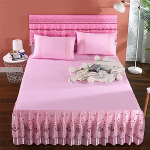 出售廉价纯色涤纶豪华紫色蕾丝床单床头裙