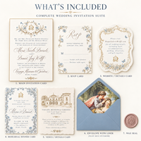 Suite d'invitations de mariage personnalisées bleues à motifs floraux avec dorure à chaud, impression typographique, sceau de cire et carte RSVP – Fabricant, Vente en gros