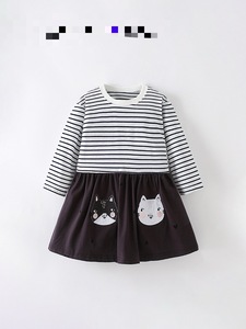 Abito a maniche lunghe per bambine - Top a righe con gonna con stampa di gatti, abito casual a blocchi di colore per bambine primavera autunno - Product Image 6
