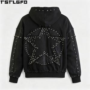 เสื้อฮู้ดซิปคริสตัลสตาร์สีดำ แต่งแพทช์คริสตัล ปักลายแบบสตรีทแวร์ ทรงบ็อกซี่ ล้างสีแบบแอซิดวอช ขายส่ง - Product Image 3
