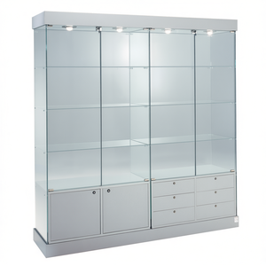 Hozan Display Cabinet 185Cm Width 190Cm Height <b>Light</b> Grey Tempered Glass <b>Doors</b> With Shelves And Lighting - Product Image 2