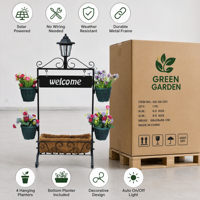 Panneau de bienvenue lumineux solaire avec support pour plantes et quatre pots de fleurs, panier carré en coco, en fer thermolaqué, pour la décoration d'entrée de jardin