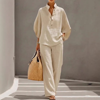Vêtements pour femmes OEM, ensembles décontractés pour femmes, ensembles en coton et lin, tenues en deux pièces, ensembles de travail, chemise à manches longues, pantalon taille haute, costumes