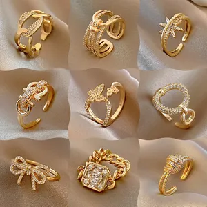 2023 Trendy Gold Plated Dainty Butterfly Chain Lock Stackable Chunky Finger Ring para Mulheres Girl Ajustável Jóias Presentes