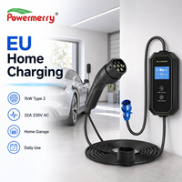Chargeur EV portable 7kW 32A Type 2 monophasé 230Vac IP65 avec prise CEE bleue et câble de 5m pour la recharge de véhicules électriques à domicile ou au garage en Europe