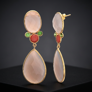 Nouveauté - Boucles d'oreilles pendantes ovales en argent sterling 925 plaqué or 14 carats avec calcédoine grise et orange et pierres en zircone cubique verte - Unisexe - Product Image 2