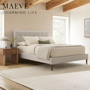 Cama Doble de Madera Sólida de Lujo Moderno MAEVE MV-WE-7 con Tapicería de Lino Beige para Dormitorio, Estilo Minimalista MV-WE-7 - Product Image 1