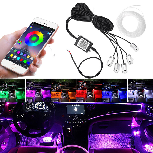 1set Auto Interior Ambient Fiber Optic Atmosphere Lights LED RGB Colorful App Sound Control Car Decorative Ambient Neon Lamp 12V
