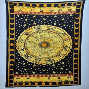 Indiase Hippie Bohemien Horoscoop Zodiac Mandala Muur Opknoping Tweelingformaat Meditatie Psychedelisch Wandtapijt Goud