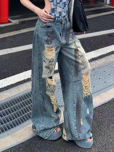 Jeans Dritti a Vita Alta in Denim Retrò, Nuovi Modelli Autunno 2026, Pantaloni Casual Larghi a Gamba Larga, Lavati e Distressed, Tinta Unita - Product Image 2