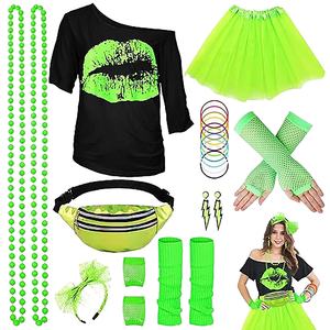 Aksesori kostum untuk wanita <span class=keywords><strong>80s</strong></span> Kaos Tutu Fanny Pack bando anting kalung sarung tangan penghangat pakaian pesta Neon - Product Image 5