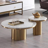 Table basse en acier doré avec plateau en pierre, table basse ronde moderne et luxueuse, ensemble de tables basses de designer, vente en gros, ensemble de tables basses pour salon