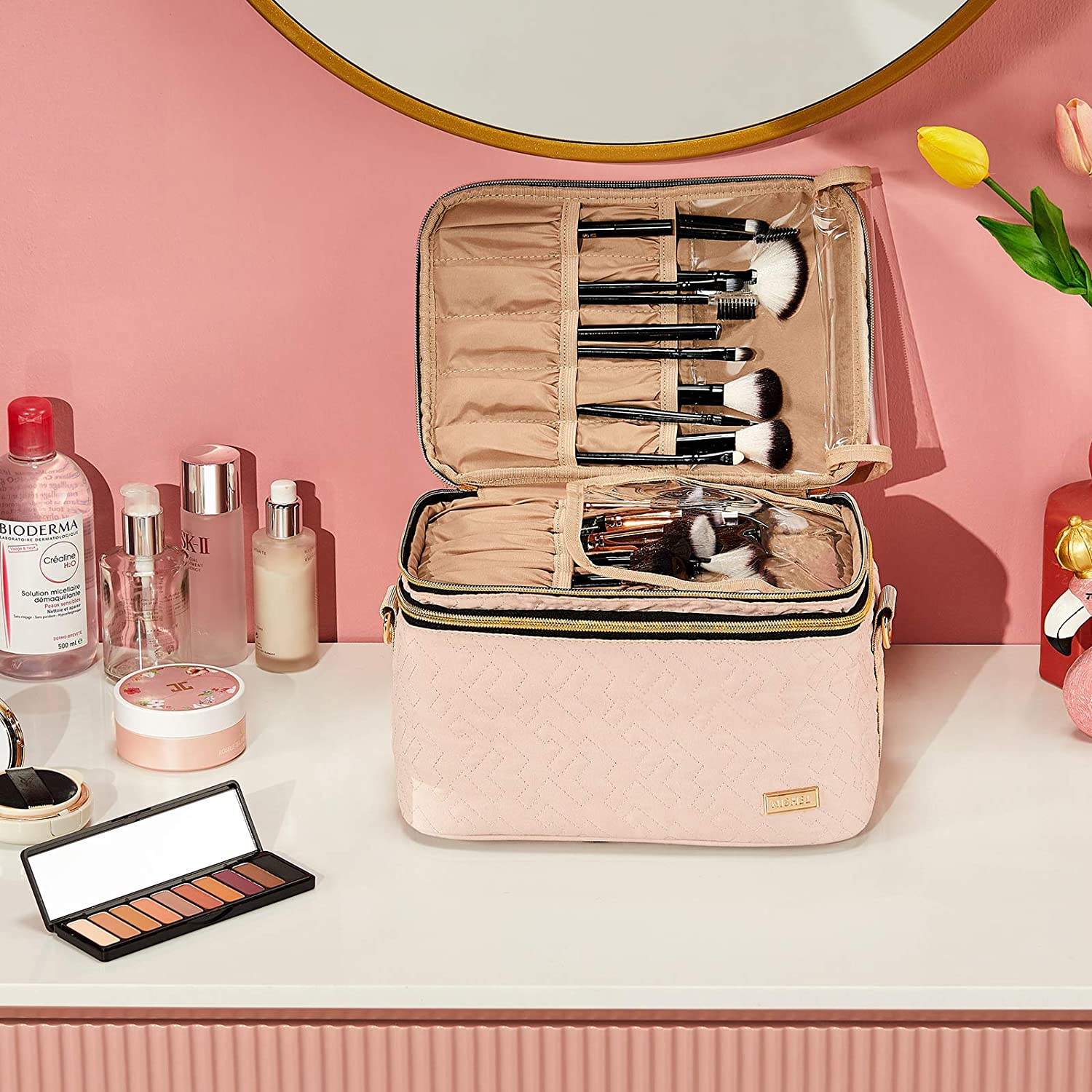 Custom Double Layer Travel Makeup Bag with Strap Large Cosmetic