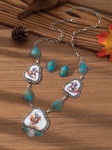 Conjunto de Joyería <span class=keywords><strong>Vaquera</strong></span> Retro al por Mayor, Nuevo, de Aleación con Turquesa, Estampado de Caballo y Vaquero, Collar Largo y Pendientes Colgantes, Set de 2 Piezas - Product Image 6