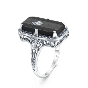 Vintage Black Onyx Rings Women Silver Jewelry Gothic Exquisite Filigree Jewels Black Gemstone Sterling Silver 925 Ring