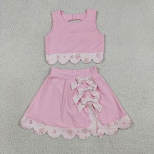 ชุดเด็กผู้หญิง GSD3321 rts Little Active Girl สีชมพูอ่อน ลายตารางหมากรุก แต่งขอบหยัก ชุดขายส่ง เสื้อแขนกุด กระโปรงโยคะ - Product Image 1