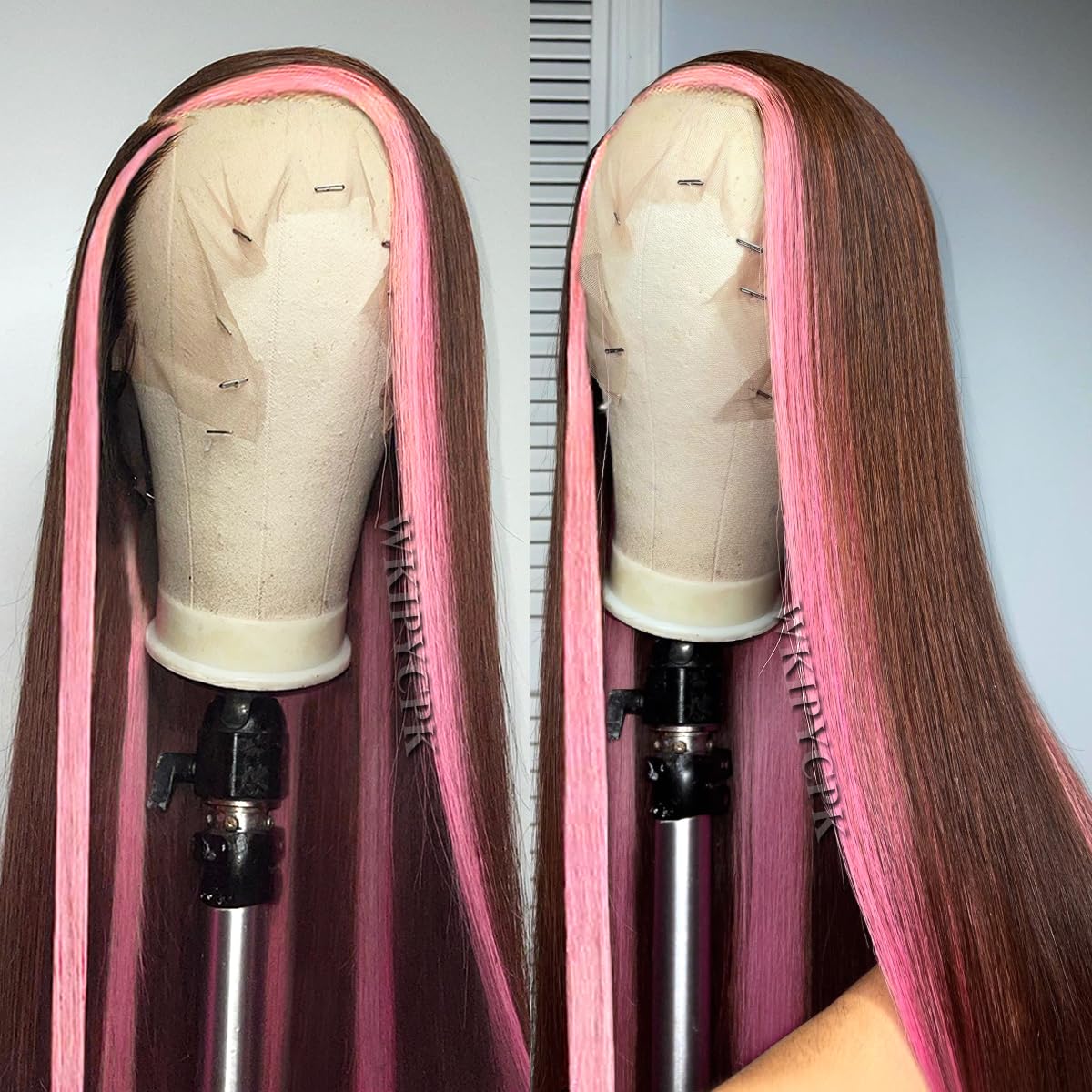 Marrón con rayas de mapache rosas.