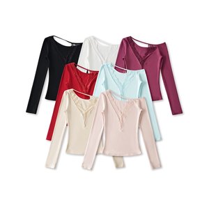 PB&amp;ZAdeep V Lace Sloping Shoulder Long Sleeved T-shirt for Women's Slim Fit and Slimming, <strong>Patchwork</strong> Bottom, Elastic High-end <strong>Top</strong> - Product Image 1