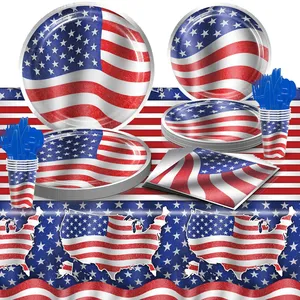Perangkat makan sekali pakai Hari Kemerdekaan Amerika LUCKY piring kertas bendera USA serbet cangkir untuk 4th dekorasi pesta Juli