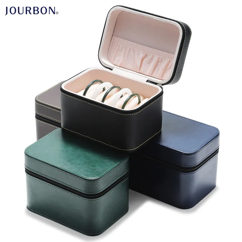 Jourbon High Grade Leather Velvet Bracelet Pendant Ring Display Jewelry Storage Box Portable Jade Bracelet Box