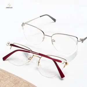 Omelle Shenzhen grosir produsen mata kucing bingkai optik kacamata mode wanita logam kacamata setengah bingkai kacamata