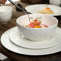 Service de vaisselle en porcelaine blanche à motifs floraux en relief, assiettes, bols, tasses, pour la maison, les restaurants, les réceptions, les mariages, usage quotidien, luxe