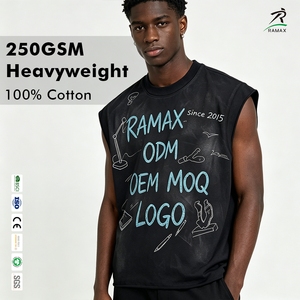 เสื้อยืดแขนกุด RAMAX สำหรับผู้ชาย 250GSM ผ้าฝ้าย 100% พิมพ์ลาย ODM OEM รับทำโลโก้ เสื้อลำลองสไตล์สตรีทแวร์ - Product Image 1