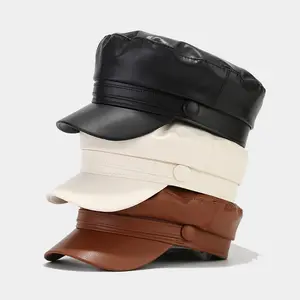 Chapéu de couro PU simples para mulheres, chapéu de arte retrô de top plano, de alta qualidade, moda feminina, chapéu de couro simples para mulheres