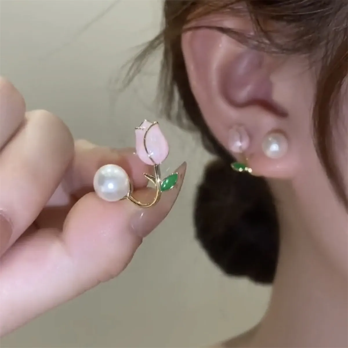 Rinhoo French Pink Tulip Flower Pearl Earrings For Women 2023 Korean New Exquisite Stud Earring Jewelry Light Luxury Gift