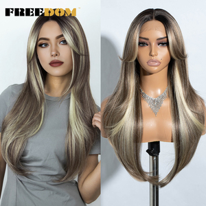Perruques en dentelle frontale en fibre haute température FREEDOM pour femmes, perruque en dentelle droite avec frange, 26 pouces, pour cosplay blond avec reflets bruns - Product Image 2