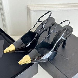 Sandalias de tacón alto de aguja con punta cuadrada dorada de metal para mujer, talla grande 44, con correa trasera y diseño slingback, zapatos de charol. - Product Image 1