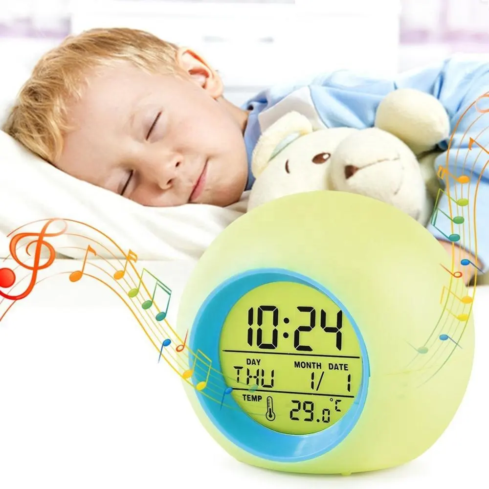 KH-CL121 Promotional Multi-function Colorful Cute Natural Sound LCD Digital Night Light 7 Color Changing Alarm Clock For Kids