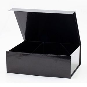 Emballages de cadeaux d'entreprise personnalisés, boîtes cadeaux pliantes de luxe noires avec ruban, finition brillante - Product Image 5
