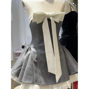Chinese Style Color-blocking Spliced Bow Strapless High Waist <strong>PVC</strong> <strong>Dress</strong> New Summer Model Elegant Waist-cinching Slim-fit Short - Product Image 5