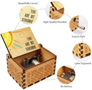 사용자 정의 로고 선물 공예 나무 전기 음악 상자 선물 미니 나무 손 크랭크 음악 상자 친구 배우자 아이