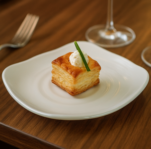 Phục vụ Thương mại sử dụng tấm melamine với viền nâu thiết kế độc đáo món ăn vuông tấm tráng miệng trắng cấp thực phẩm mẫu miễn phí - Product Image 1