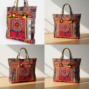 Bolso Tote para Mujer KAMARVY, con Bordado Tradicional Indio a Mano y Decoración de Pompones, Cierre de Cremallera, Forro de Algodón - Product Image 2