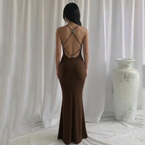 Vestido de mujer sexy con tirantes finos, sin espalda, largo hasta el suelo, de elastano, cintura natural, con cuentas, elástico, con tirantes cruzados, para resort o vacaciones - Product Image 3