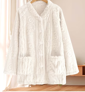 Women Jacquard <strong>Fleece</strong> Pajama Top V Neck Long Sleeve Button Down Fluffy Coral <strong>Fleece</strong> Loungewear Sleepwear <strong>Jacket</strong> With Pockets - Product Image 3