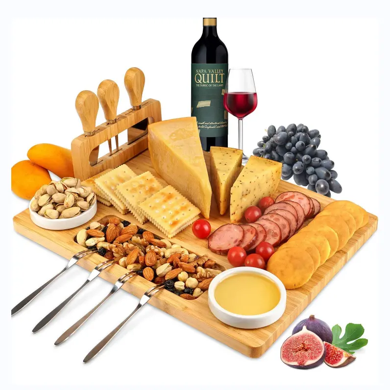 Hochzeits geschenk Bambus Käse Brett Messer Set Serviert ablett für Cracker Fleisch Wein, Holz Charc uterie Platte mit Besteck Schublade