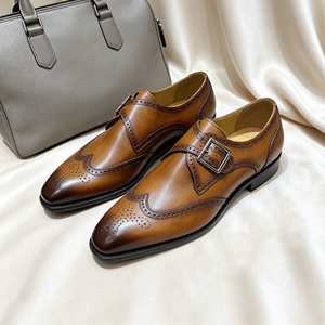 Classic British Style <strong>Men's</strong> <strong>Tan</strong> Single Monk Strap Shoes Wingtip <strong>Brogue</strong> Genuine Leather Dress Shoes Design OEM/ODM Available - Product Image 3