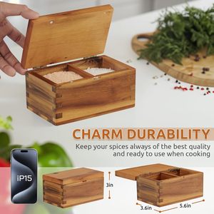 Boîte à sel en bois <span class=keywords><strong>d</strong></span>'acacia avec couvercle magnétique à clapet, grande capacité de 20 oz, boîte à sel pour le stockage des assaisonnements de cuisine, brun <span class=keywords><strong>naturel</strong></span> - Product Image 5