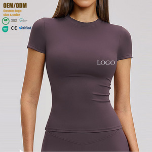 Camisetas en blanco personalizadas de alta calidad para gimnasio para <span class=keywords><strong>mujer</strong></span>, camisetas de yoga ajustadas de compresión transpirable con cuello redondo y mangas cortas - Product Image 1