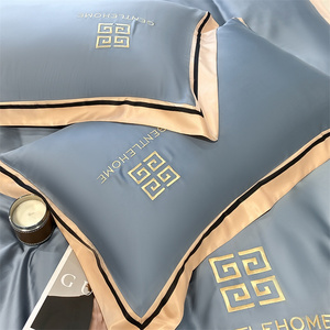 Parure de lit 4 pièces en tissu de soie lavée brodée confortable à bord large, fraîche pour l'été, adulte, 60 imprimés, 500TC - Product Image 6