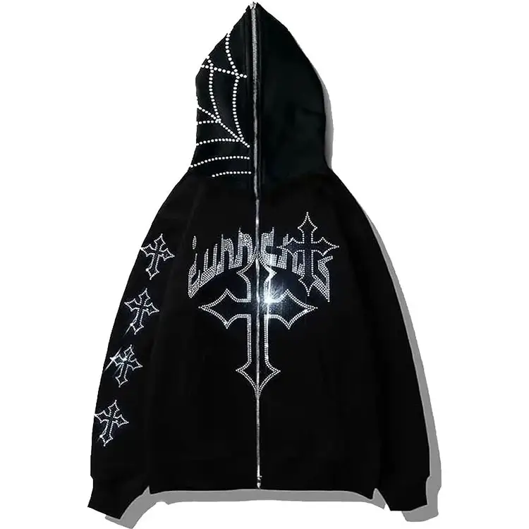 Y2K Rhinestone Full Zip Up Hoodie Coat Man Goth Graphic Print Oversized Punk Jackets Sweatshirt Custom