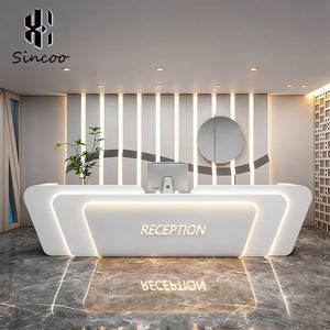 Comptoir de réception de luxe en bois massif blanc moderne avec éclairage LED de forme artistique unique, prix d'usine, pour salon de beauté, spa, hôtel, immeuble de bureaux - Product Image 4