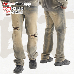 Jeans en denim vintage déchirés et délavés pour hommes, coupe ample, taille mi-haute, style streetwear décontracté, qualité supérieure, vente en gros - Product Image 2