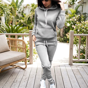 Ensemble de survêtement gris à capuche pour femmes, manches longues, couleur unie, pantalon de jogging décontracté avec poches à cordon, vêtements d'automne - Product Image 1